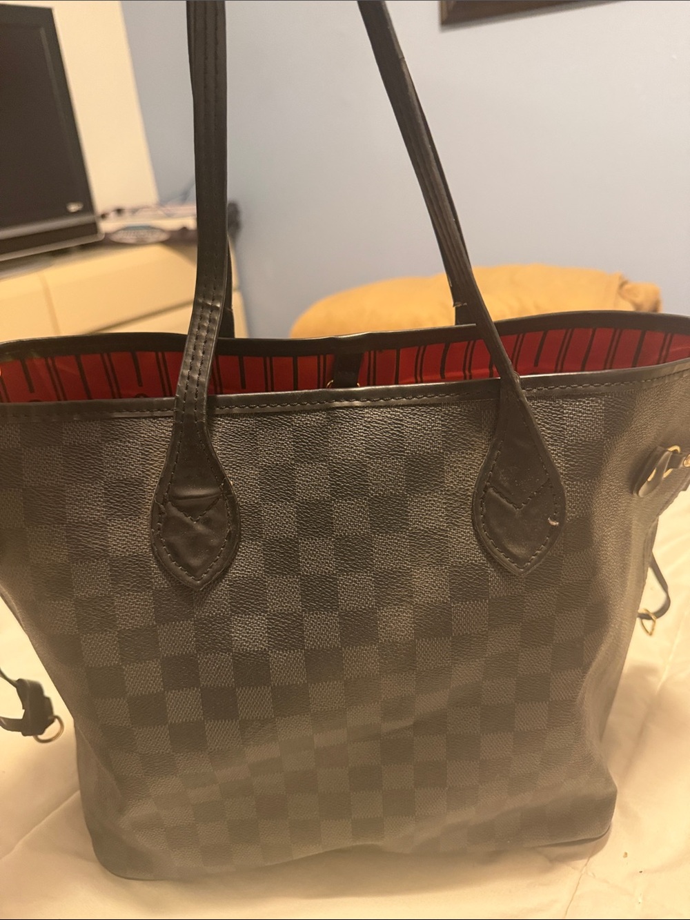 Louis Vuitton Black Damier Tote with Red Lined Interior